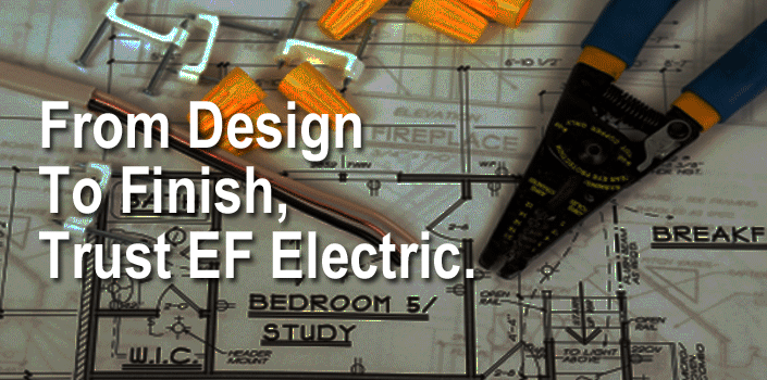 Outdoor image of a house with lighted 	landscape.     Quote - Indoor and out, EF Electric will light up your world.