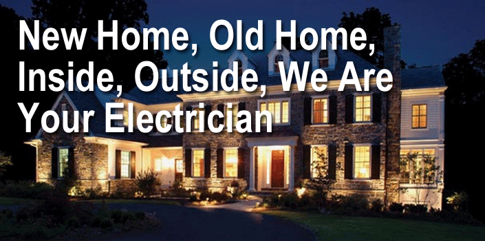 Outdoor image of a house with lighted landscape. Quote - Indoor and out, EF Electric will light up your world.